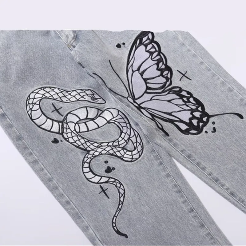 New Fashion Butterfly Snake Embroidery Hip Hop Men Slim Jeans Pants Ankle Zipper Vintage Denim Trousers Y2K Clothes Ropa Hombre