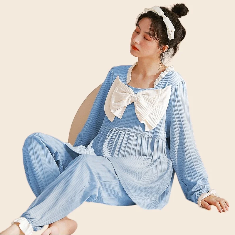 Cute Pajamas Set Full-Sleeve T-shirt Long Pants 2Piece/Set Sexy Big Bow Pyjama Princess Sweet Homewear Cozy Sleepwear Big Size