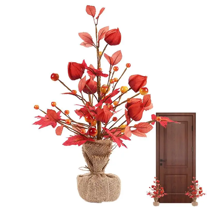 

Fall Maple Leaf Wooden Decor Red Artificial Pumpkin Bouquet Artificial Berry Picks Harvest Festival Tabletop Tree With Maple