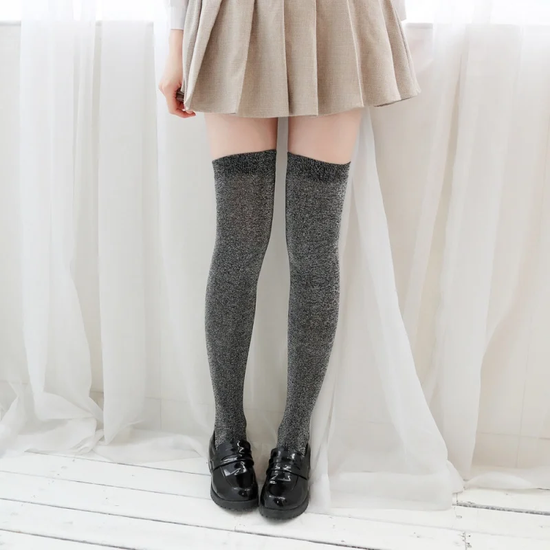3018-1 Spring/Summer Knee Socks Female Sequins Stockings Student Pure Silver Silk Thigh High Socks