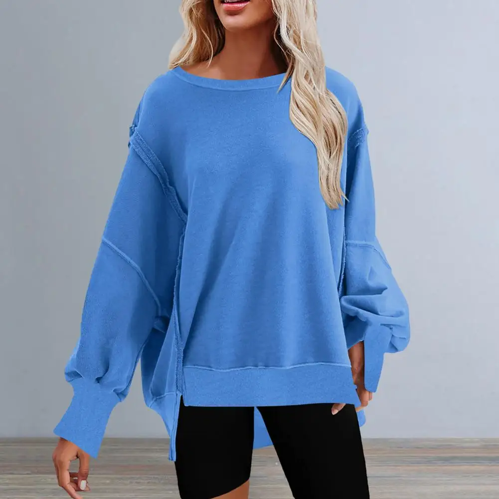 

Long-sleeved Sweatshirt Stylish Women's Oversized Sweatshirt Non-fading Washable Pullover Top with Solid Color Crew Neck Long