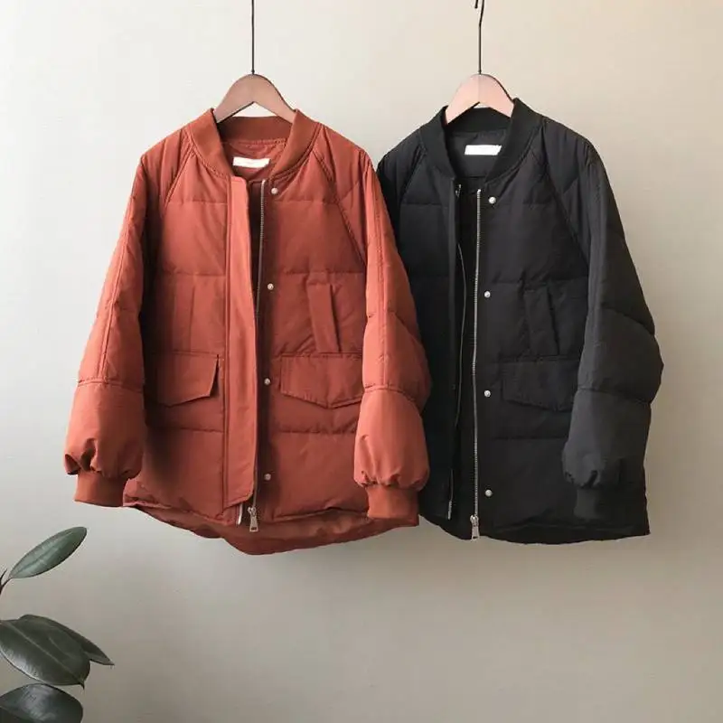 2022 Vintage Zipper Baseball Cotton Puffer Jacket  Thicken Warm Coat with Pocket Overcoat Women Winter New Korean Casual Loose