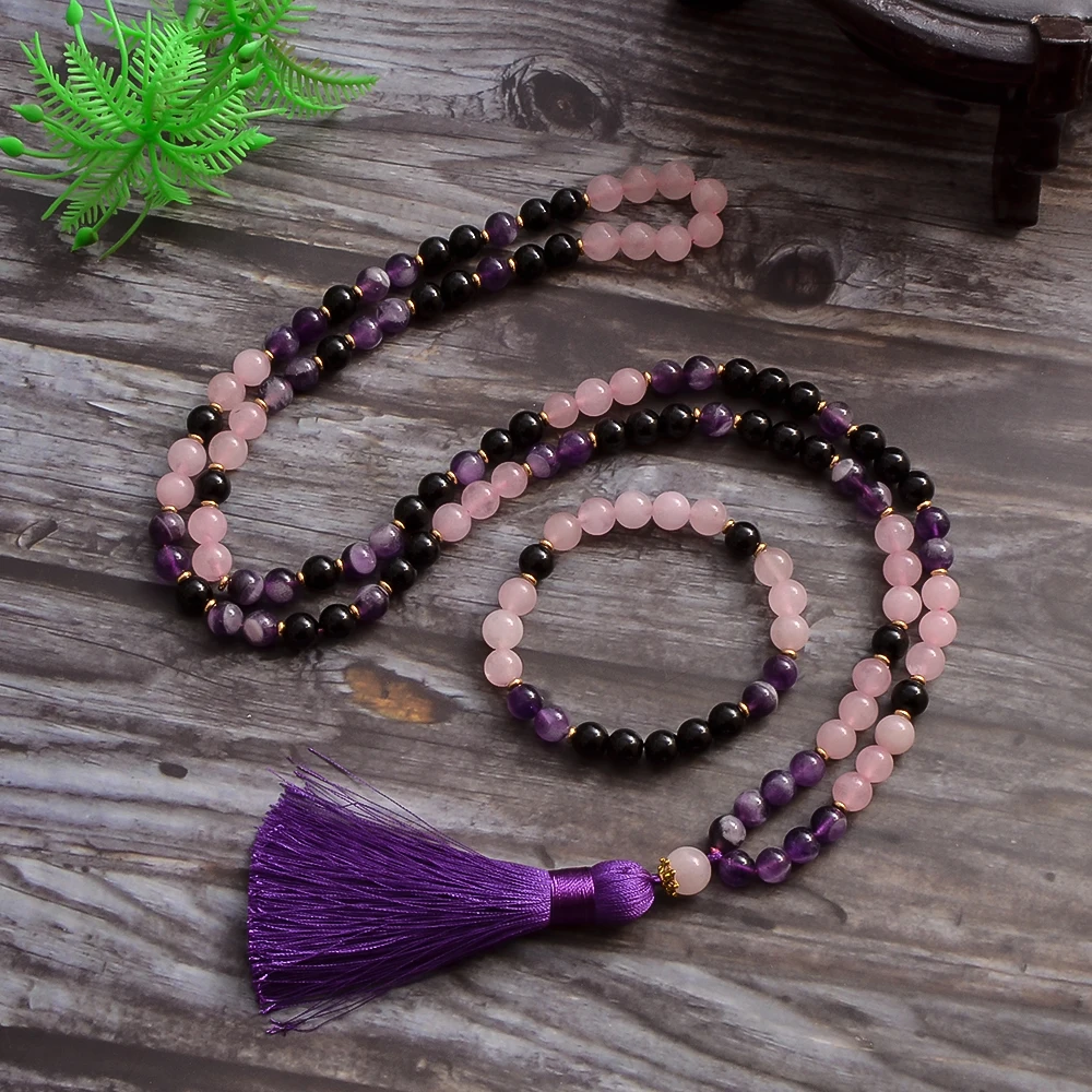 

8 мм натуральный аметист черный оникс розовые кварцевые бусины 108 Мала ожерелье медитация молитва йоги ювелирные изделия Japamala набор Розарий...