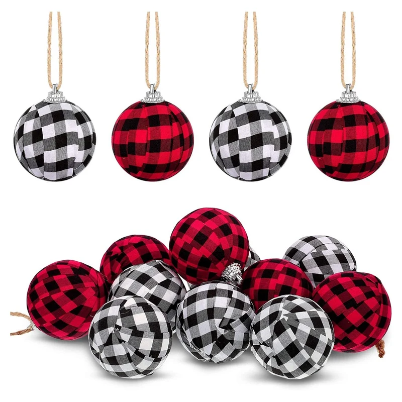 

12Pcs Farmhouse Buffalo Plaid Fabric Ball Hanging Ornament Decorative For Xmas Tree Ornaments, Holiday Party Decoration