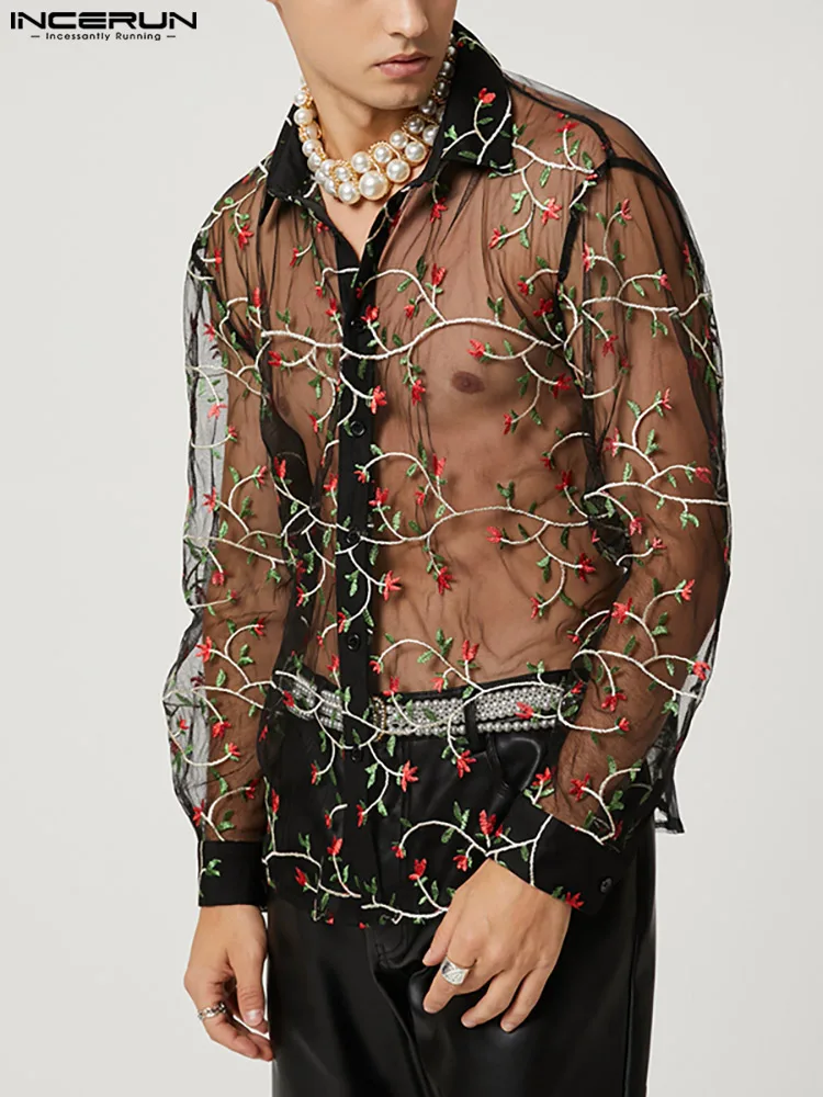 

Модная мужская рубашка INCERUN 2022 с цветочной вышивкой, сетчатая прозрачная рубашка с отворотом и длинным рукавом, свободная пикантная рубашка...