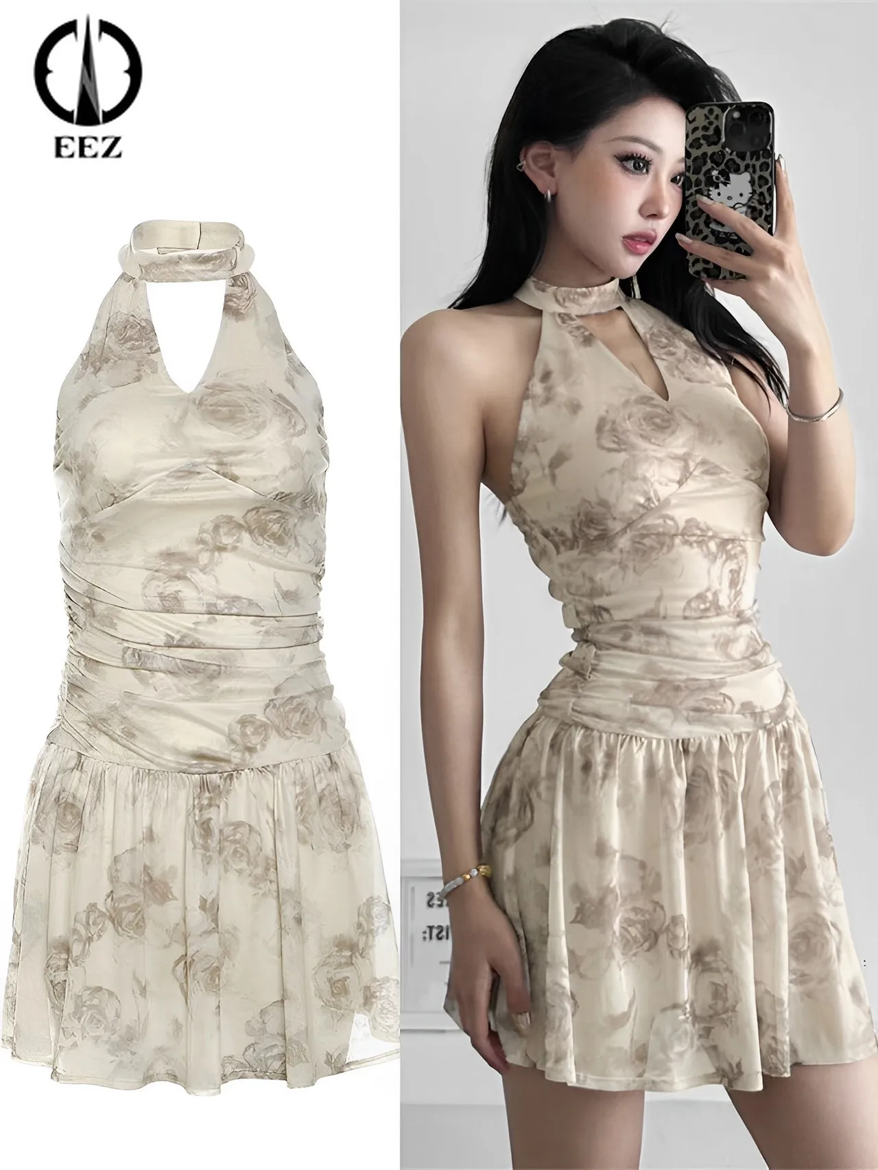 

Mesh Elegant Rose Floral Printed Mini Dress Women Sexy Halter Backless Sleeveless A-Line Pleated Dresses Beach Holiday Vestidos
