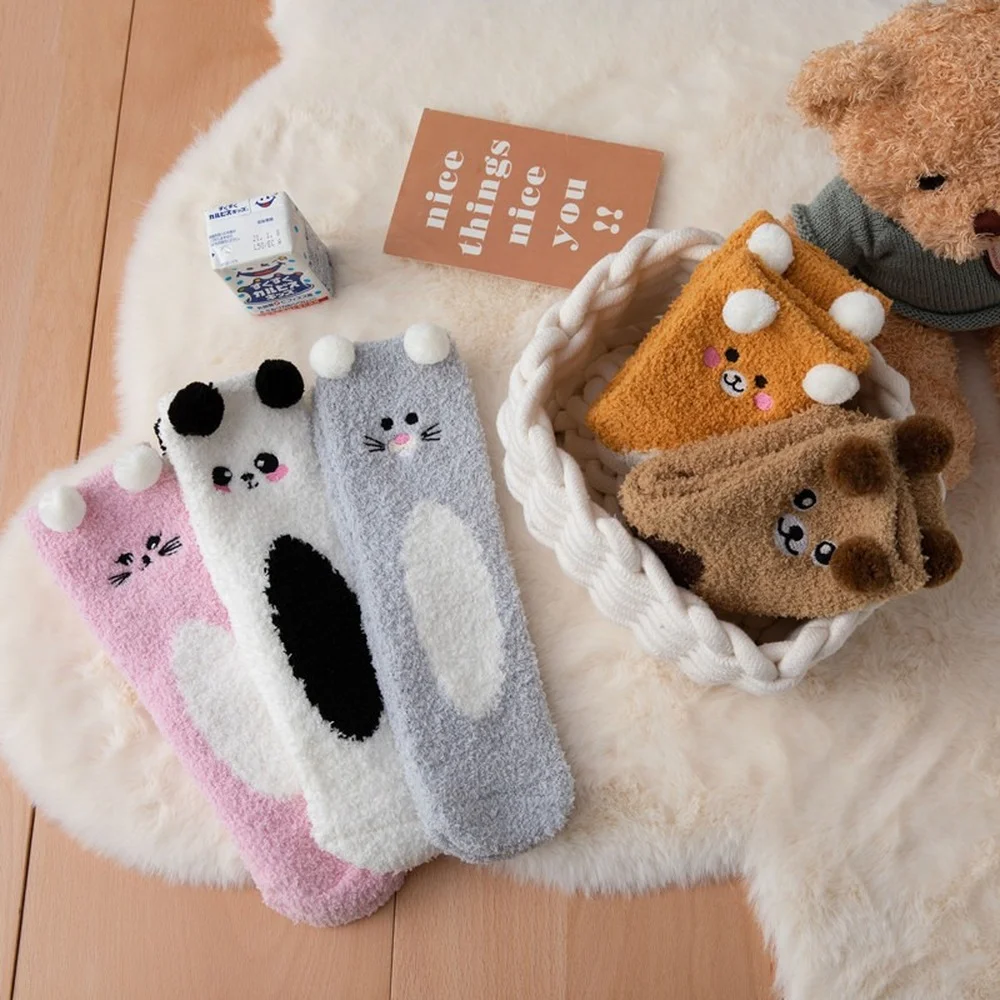 5 Pairs New Cute Pet Animal Women Home Floor Socks Cartoon Embroidered Coral Fleece Socks Fuzzy Cat Dog Sleeping Socks