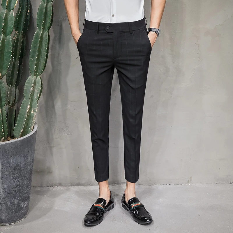 

Summer Men Suit Pants Fashion 2022 Korean Slim Fit Business Plaid Pants Men Formal All Match Ankle Length Mens Dress Pants 36-28