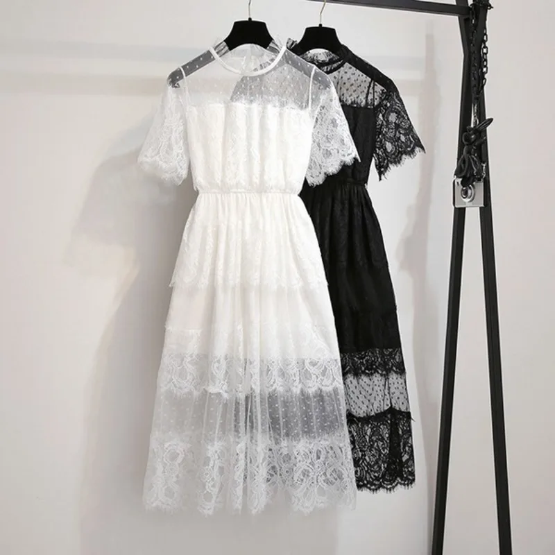 

New Arrival Women Sweet Short Sleeve Lace Embroidery Midi Dress Summer 2022 Ladies Elegant Casual Elastic Waist Cake Dresses