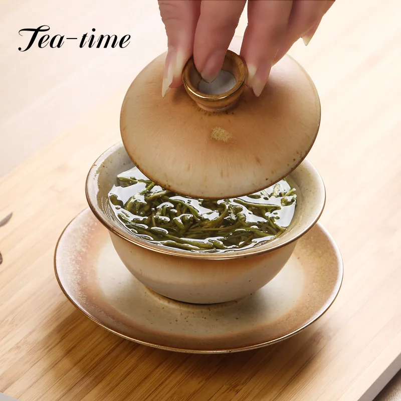 

120ml Retro Kiln Change Ceramic Gaiwan Tea Cup Handmade Crude Pottery Tea Tureen Chinese Teaset Accessories Master Cup Drinkware