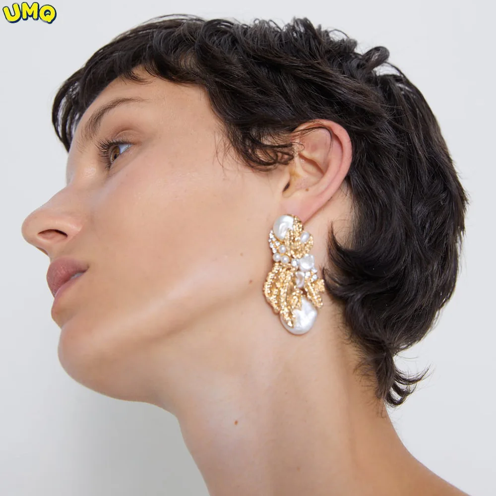 

Fashion 2e6521 Hot Selling Za New Metal Leaf Earrings Fashion Imitation Pearl Diamond Earrings Femalegifts for Women