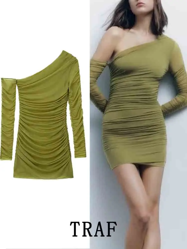 

TRAF Green Tulle Bodycon Dress Women Ruched Mini Mesh Dress Woman Off Shoulder Long Sleeve Short Dresses Sexy Party Dresses