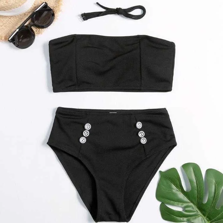 

Sexy Tube Top Bikini High Waist Button Design Split Swimsuit Special Serpentine