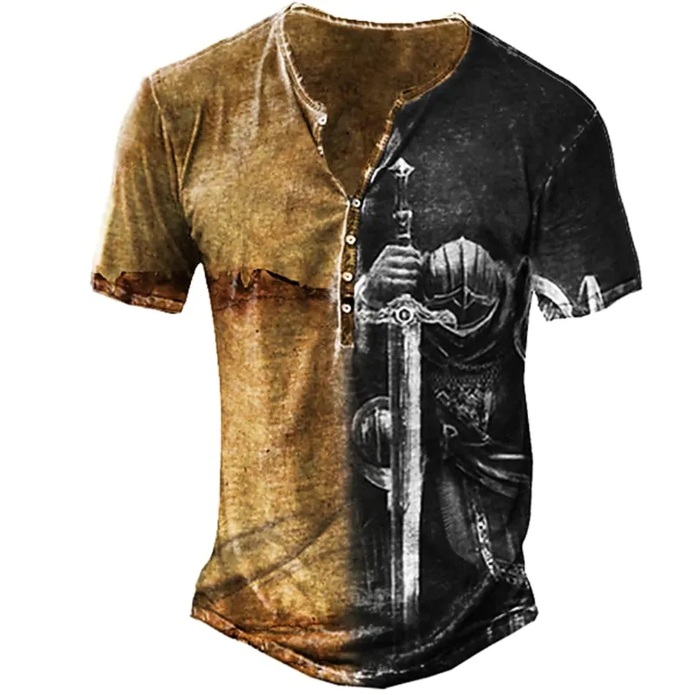 

Men's Imitation Cotton T-Shirt V-Neck Button Summer Street Retro Knight Templar Print Loose Short Sleeve Oversized T-Shirt 5XL