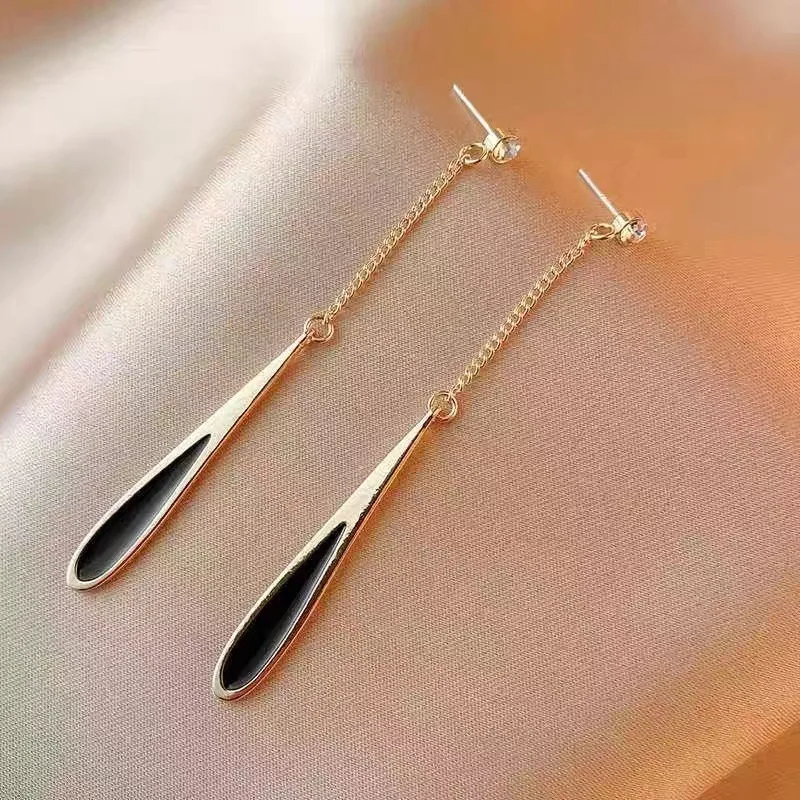 

Black Pendant Long Earring Water Drop Tassel Eardrop For Women Temperament Geometry New Fashion Party Luxury Jewelry Accessories