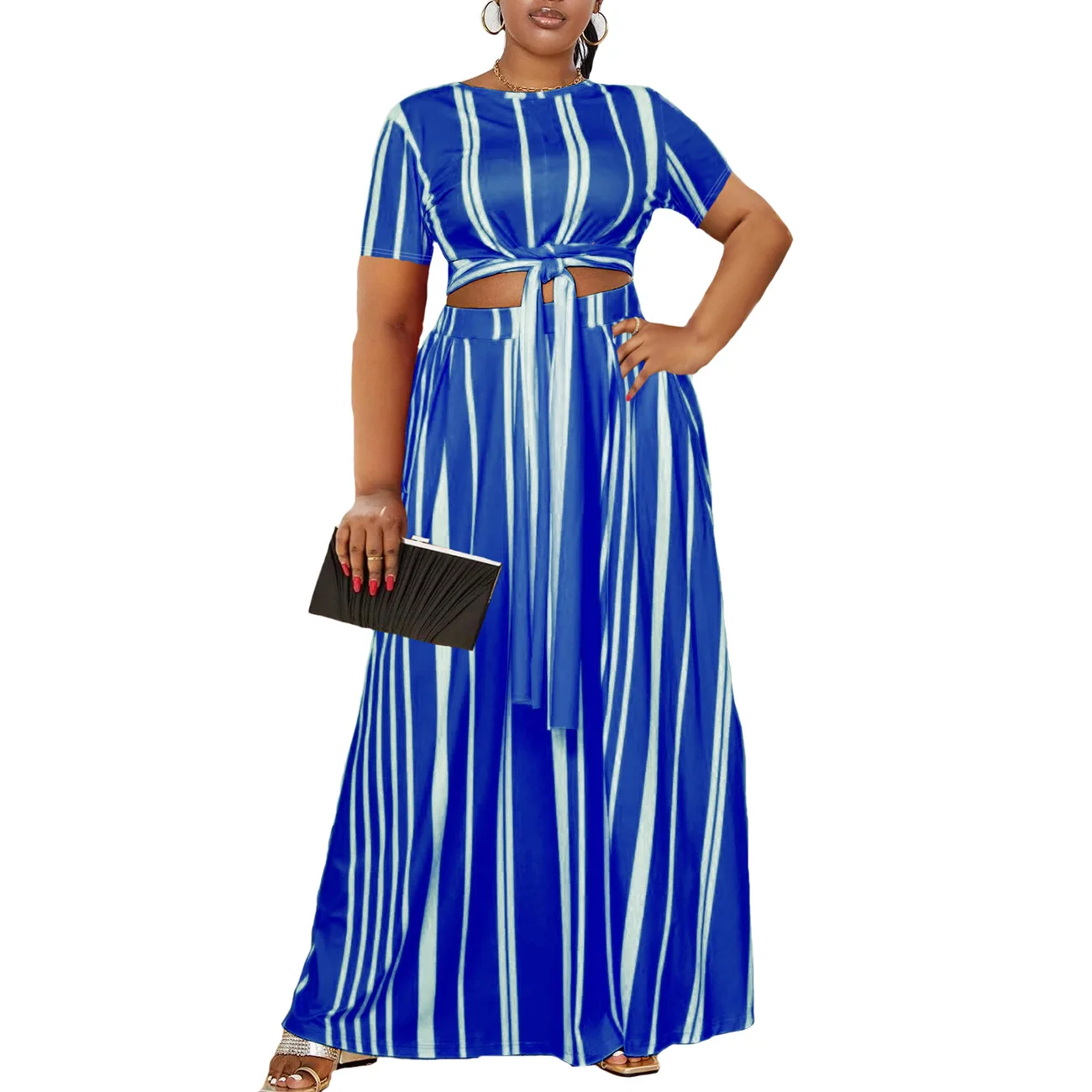 Plus Size Two Piece Dress Striped Lace Up Wide Loose Cloth Women Casual Evening Luxury Robe 2023 Summer Trendy New Party Dress