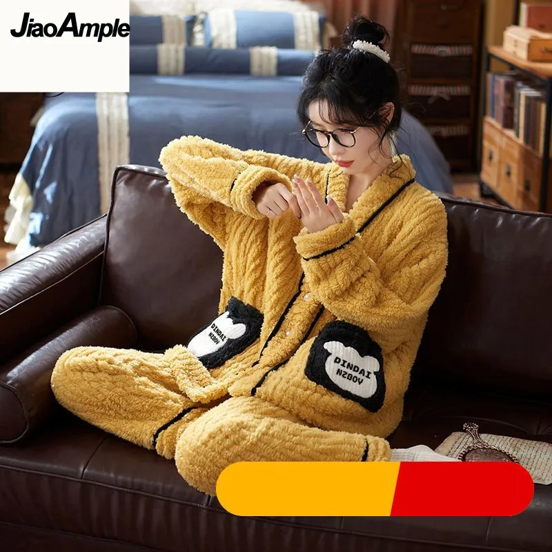 Coral Velvet Pajamas Women's Winter Warm Cardigan Sleepwear Set Korean Loose Long Sleeve Cute Pijamas Homewear Two Piece Set