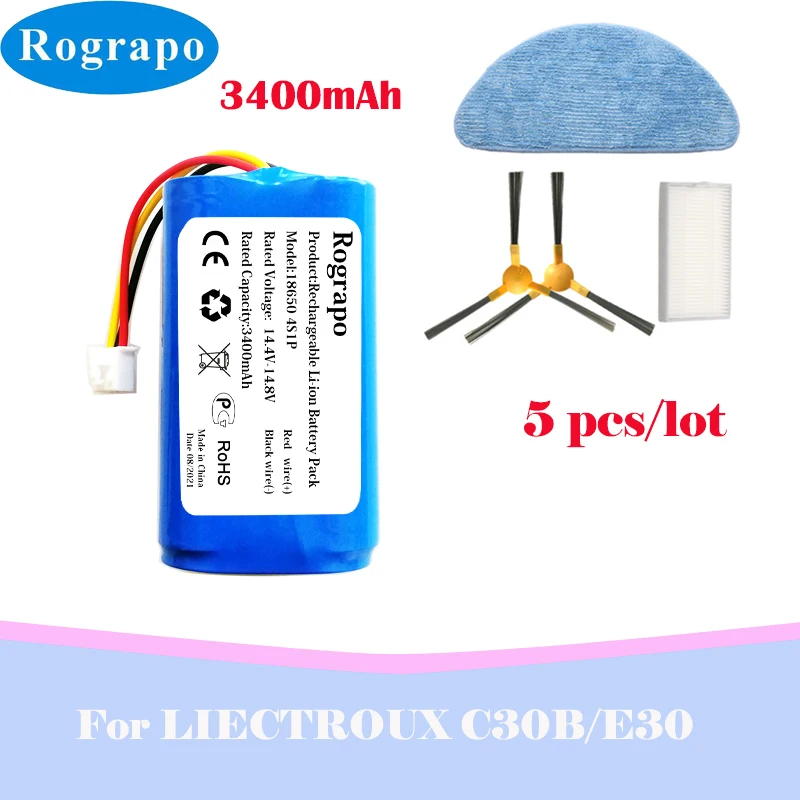 

New 14.4V 3400mAh Li-ion Battery And Parts Accessories Hepa Filter Mop Side Brush For LIECTROUX C30B E30 Robot Vacuum Cleaner