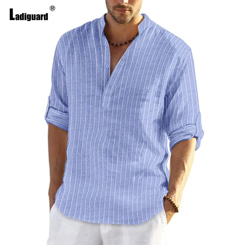 Ladiguard Plus Size Men Long-sleeved Shirts clothing 2022 Summer New Fashion Stripe Tops Casual Pullovers Sexy Mens Blouse Homme
