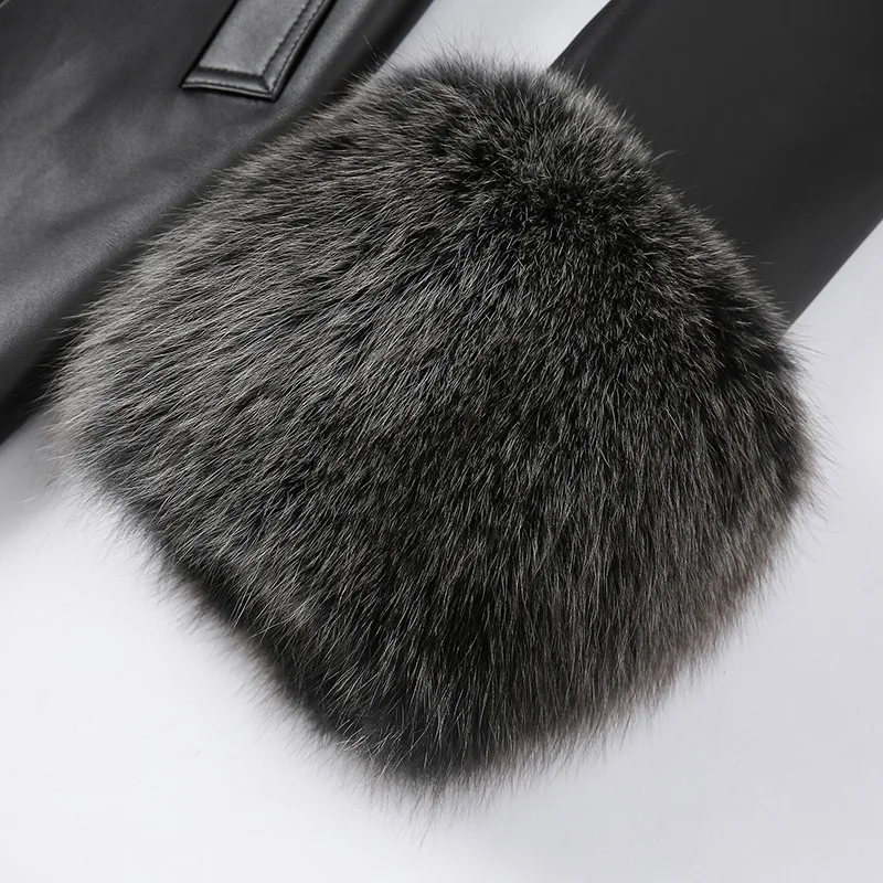 Women Genuine Sheepskin Leather Coat 2022 Winter Fox Fur Collar Cuff Luxury Windproof Belt Overcoat Long Trench Coats GT5078B