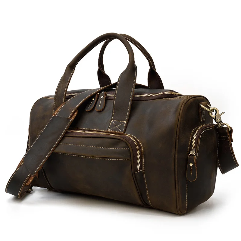 Retro Genuine MAHEU Men's Travel Handbag Crazy Horse Leather Vintage Crossbody Hand Luggage Shoulder Bag For Sports