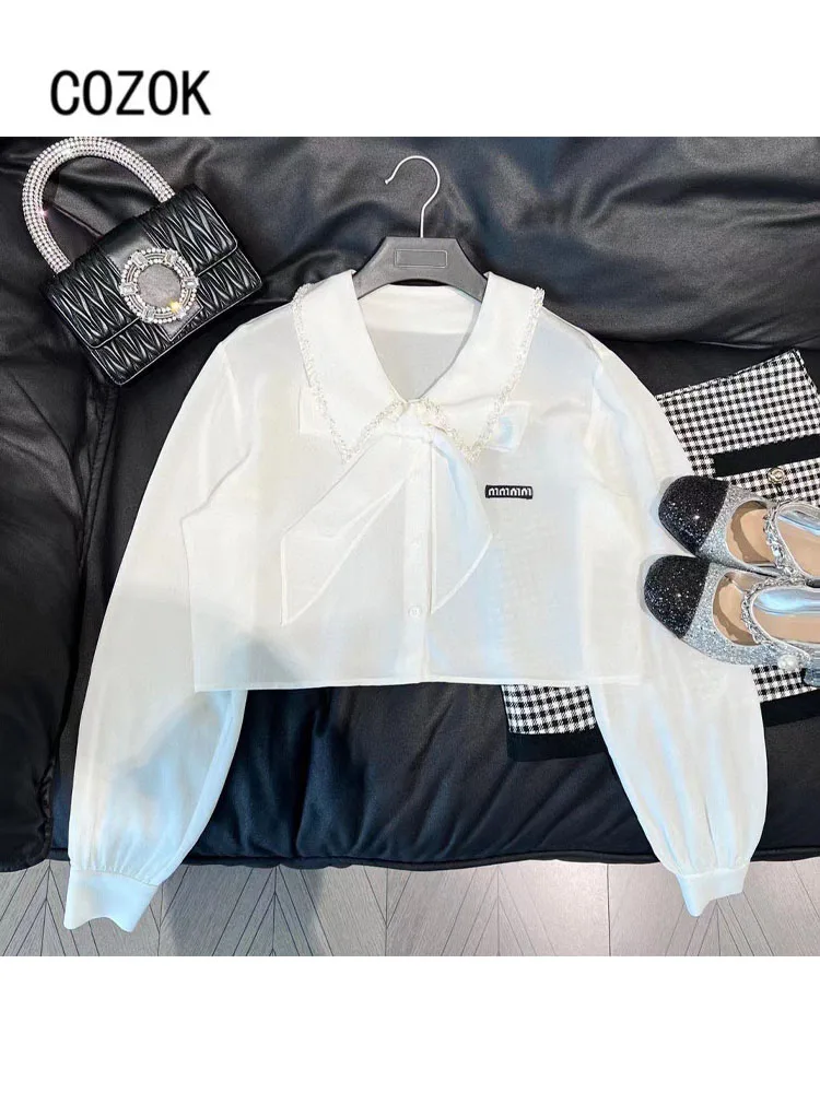 

Leisure Shirts Pearl drill decoration Lapel Cardigan Top Lady Long Seelve cotton shirt Womens Blouses Vintage Blouse Shirts