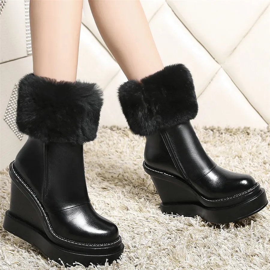 Warm Rabbit Fur Pumps Women Genuine Leather Wedges High Heel Snow Boots Female High Top Round Toe Fashion Sneakers Casual Shoes