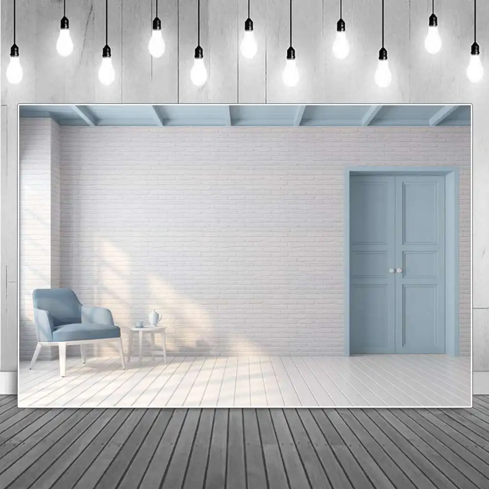 

White Brick Wall Home Photography Backdrop Birthday Decoration Custom Retro Living Room Blue Door Studio Photo Booth Backgrounds