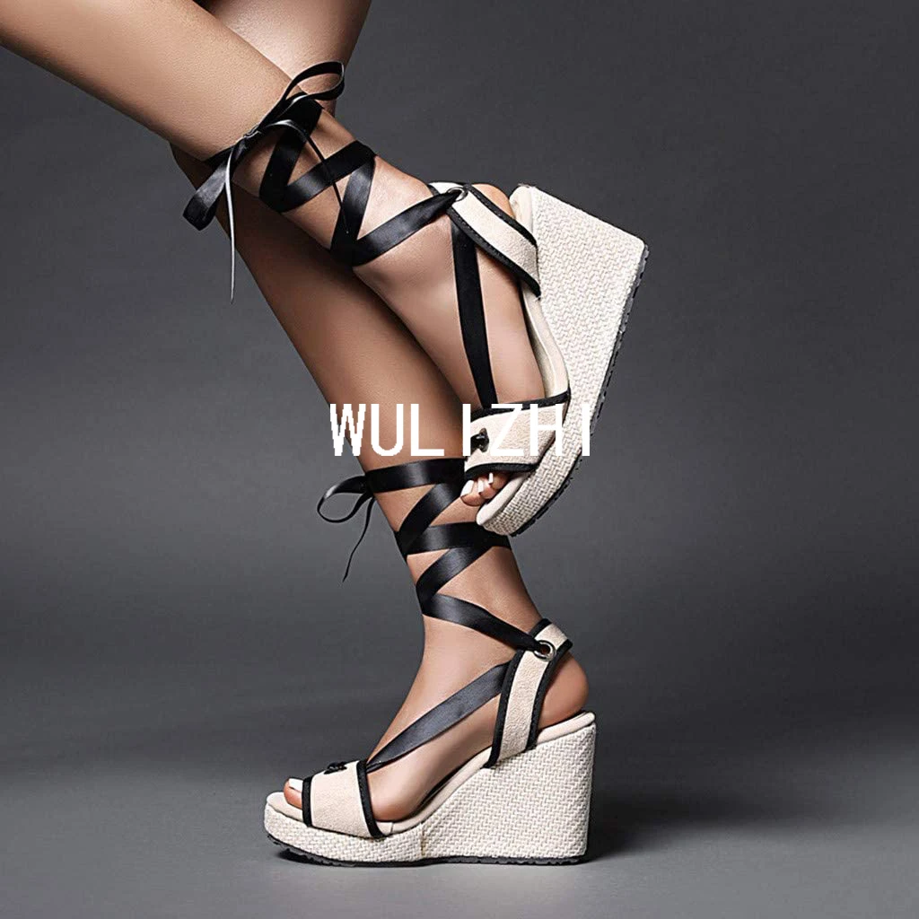 Light White Straw Wedge Sandals Women New Leather Ribbon Slingback Metal Buckle Heels Open Lace Lace Ankle Wrap Sexy Beach Shoes