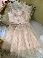 2022 spring summer new ladies fashion sweet embroidery beaded dress womens elegant simple mesh bow princess mid length dress