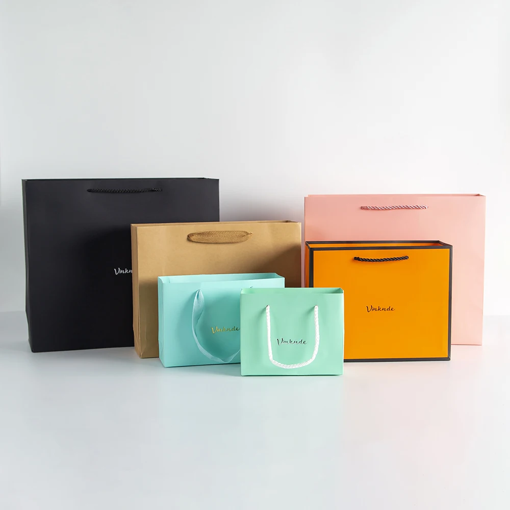 Pink White Paper Tote Bags with Handles 15x6x20cm Custom Logo Kraft Paper Shopping Retail Merchandise Gift Bags for Business