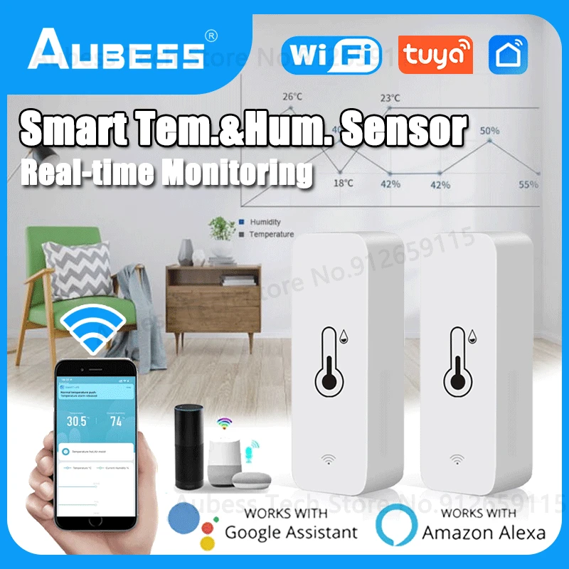 

Датчик температуры и влажности AUBESS Tuya, Wi-Fi сенсор, измеритель, гигрометр, термометр для дома с поддержкой Alexa и Google