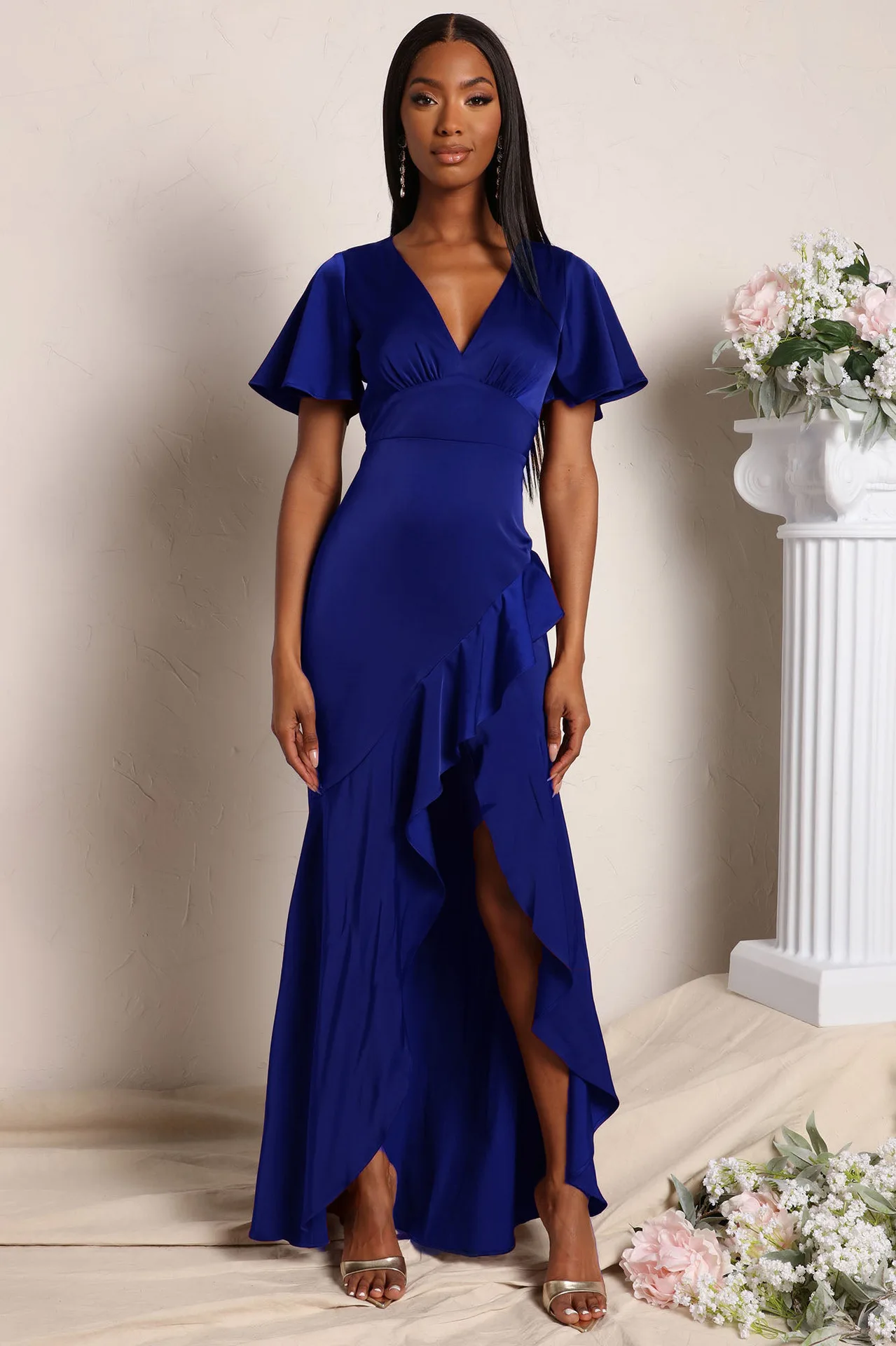 

High-Waist Waist Tight Irregular High-Low Hem Party Dress Elegant Off Shoulder Ruffle Collar Dress Floor-Length Evening Dress