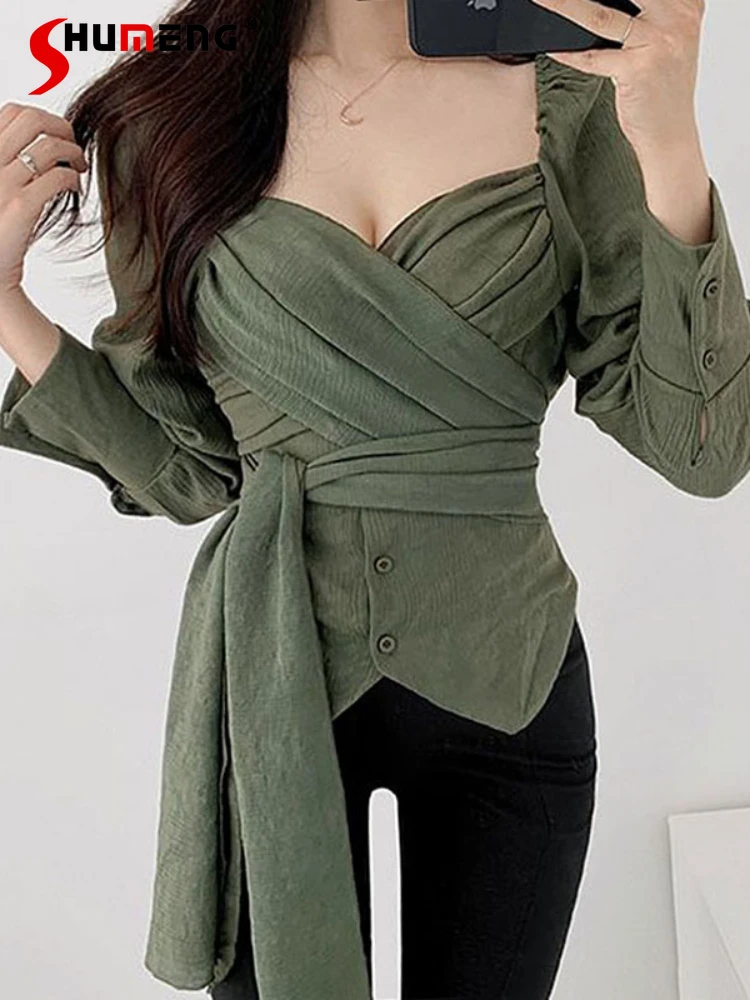 

Casual Blusa Feminina Cross Square Collar Two Buttons Lace-up Blouses Female Waist Slimming Puff Sleeve Irregular Ladies Tops
