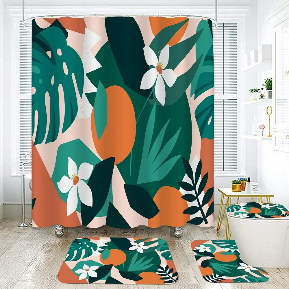 

Orange Floral Shower Curtain Sets Non-Slip Rugs Toilet Cover Bath Mat Plant Fruit Plam Leaves Waterproof Bath Curtain with Hook