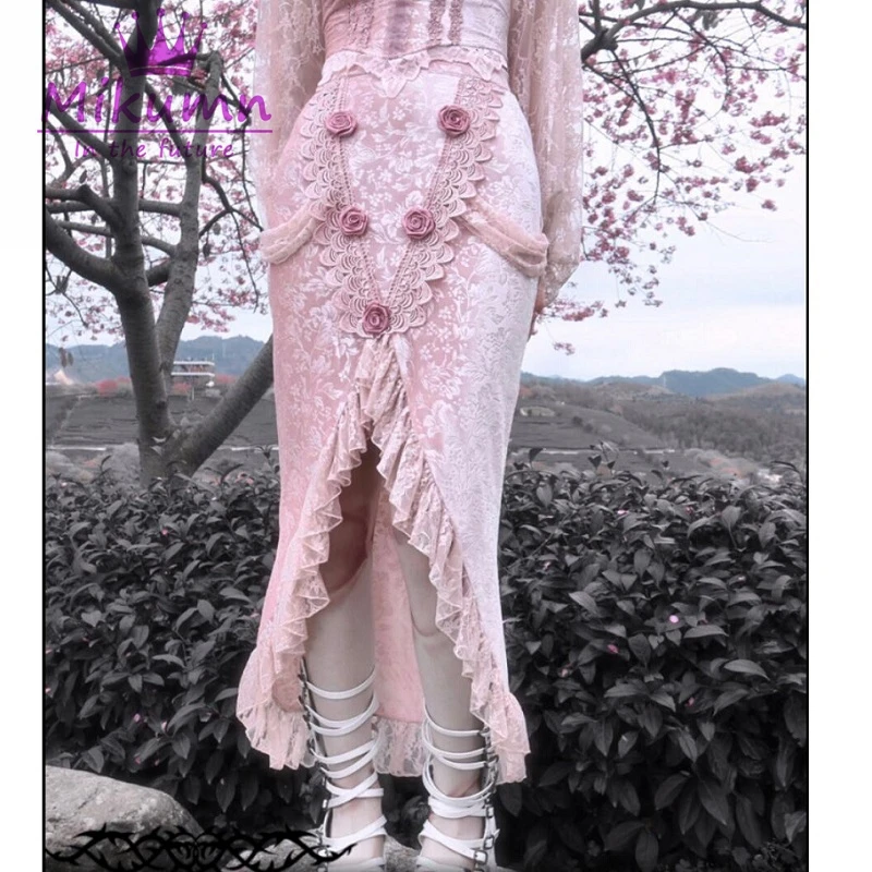 Romantic Pink Rose Velvet Lace High Waist Slim Asymmetric Gothic Long Skirts Women Faldas Mujer Moda
