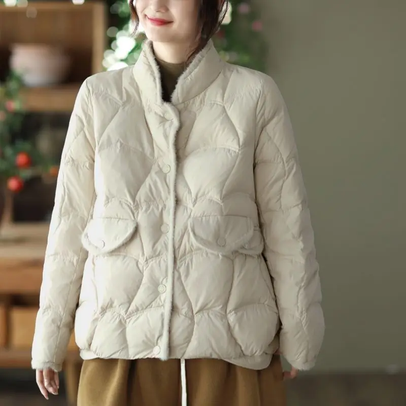 Down Jacket Women Winter White Duck Down Coat Mink Hair Stand Collar Snow Coat Rhombic Lattice Pockets Buttons Down Ladies M11