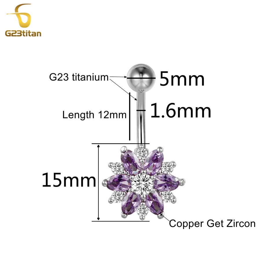 Чарм Пурпурный циркон Цветок Navel Кольцо 14G 6 - 14 мм Титановая штанга Перфорация