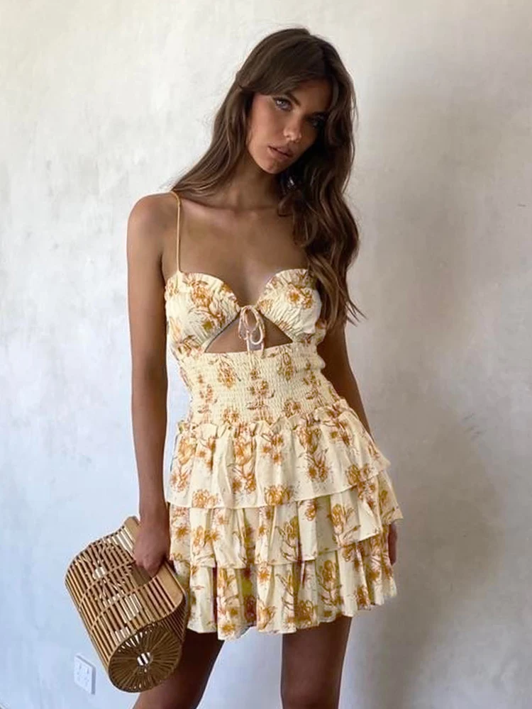 

Vintage Spaghetti Strap Floral Mini Dress Casual Summer Boho Beach Style Sundresss Women Elegant Waist Hollow Out Dress
