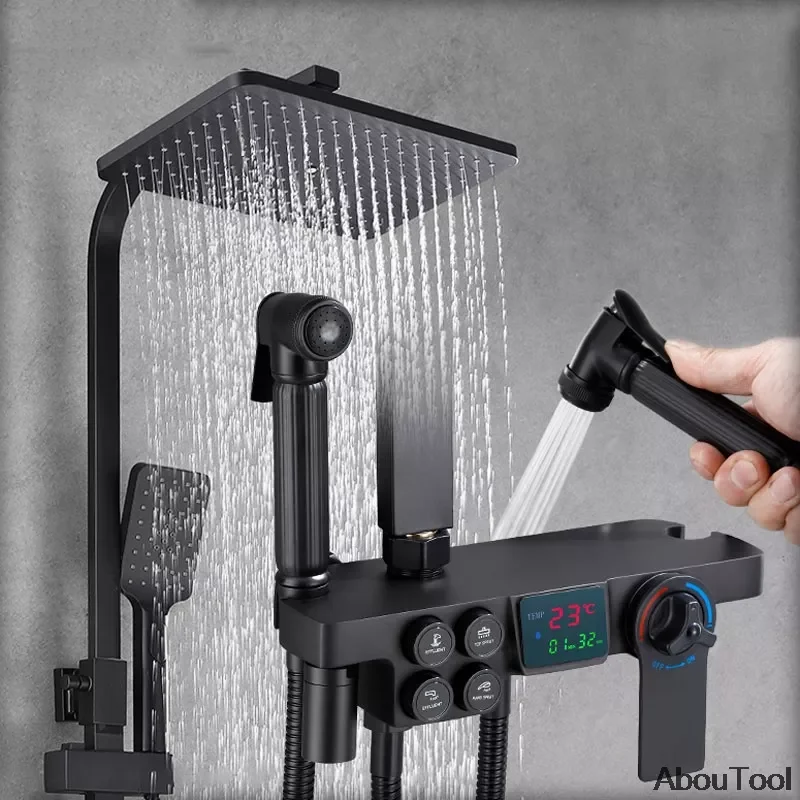 

Black Bathroom System Digital Display Thermostatic Shower Faucet Set Rainfall Mixer Tap Bathtub Shower Tap 4-way Shower Mixe Kit