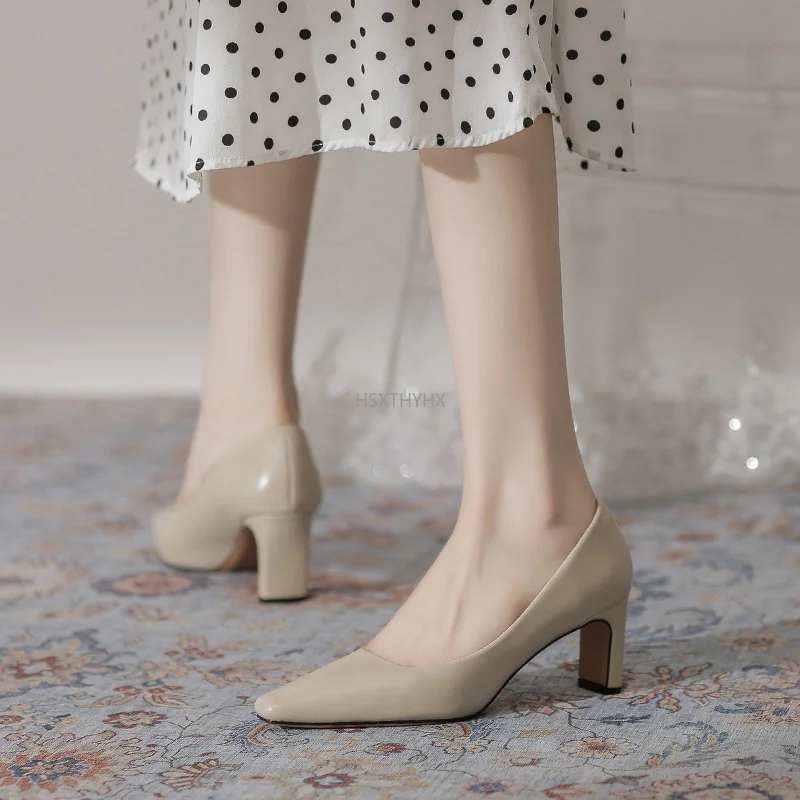 

Toe Pumps Ladies 2022 3 Inch Slip on Luxury Plus Chunky Fashion Shoes Brand High Heels Brown Genuine Leather Shoes