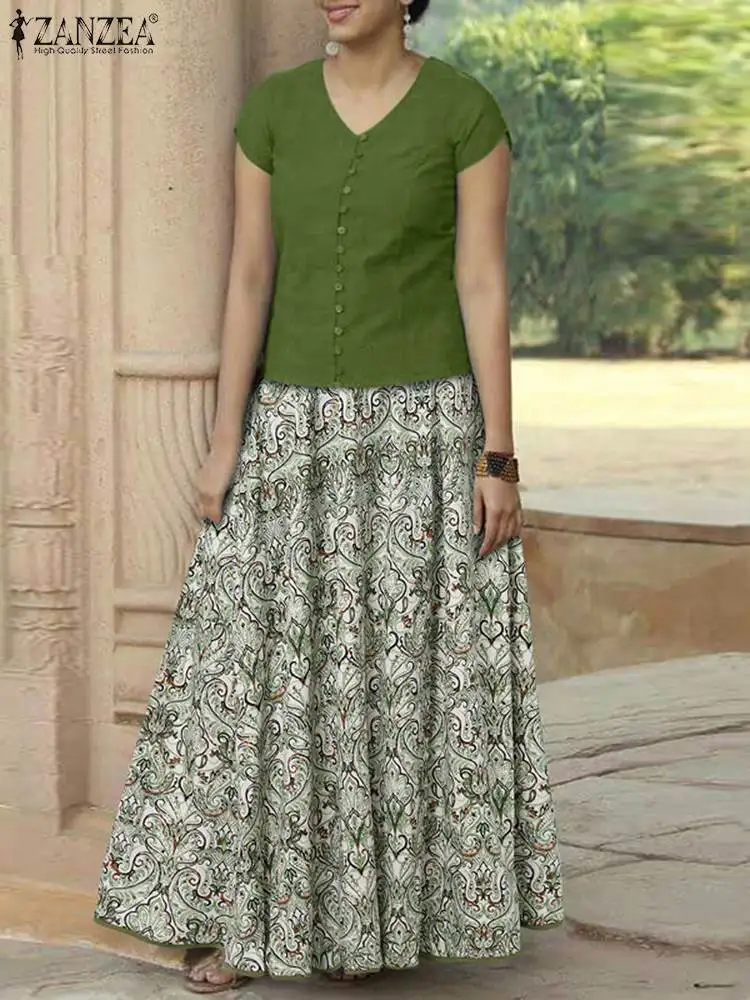 

Женский элегантный комплект ZANZEA из 2 предметов, Однотонная рубашка с коротким рукавом и юбка с принтом, женская пляжная одежда, летний Повседневный свободный костюм