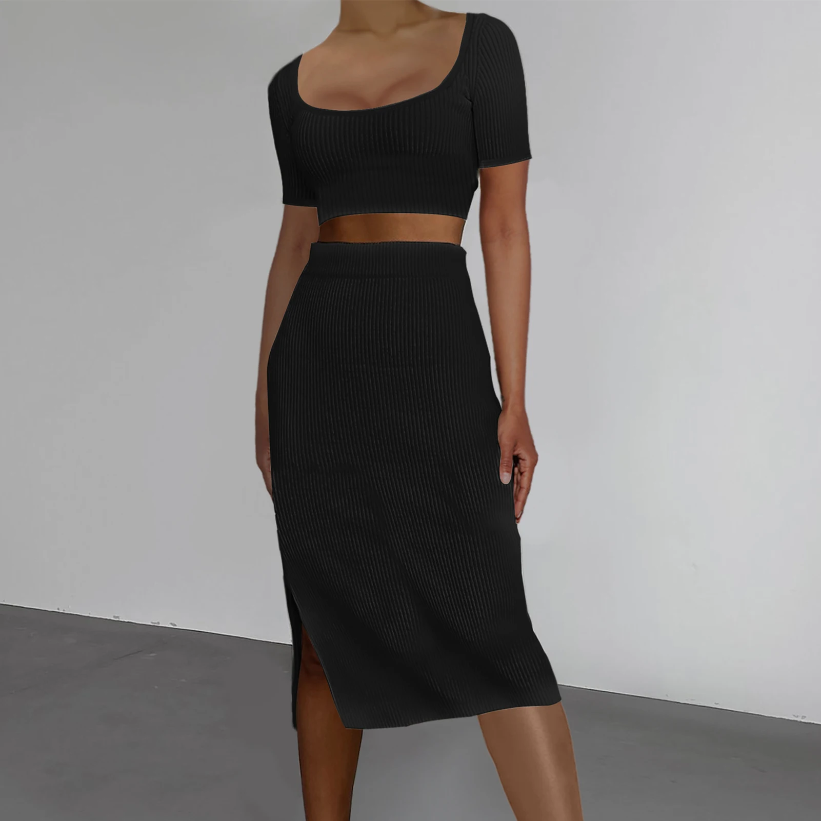 

Women Short Sleeve Top+Skirt Square Neck Bodycon Skirt Set Solid Color 2pcs Split Knitted Simple Female Casual Slim Set