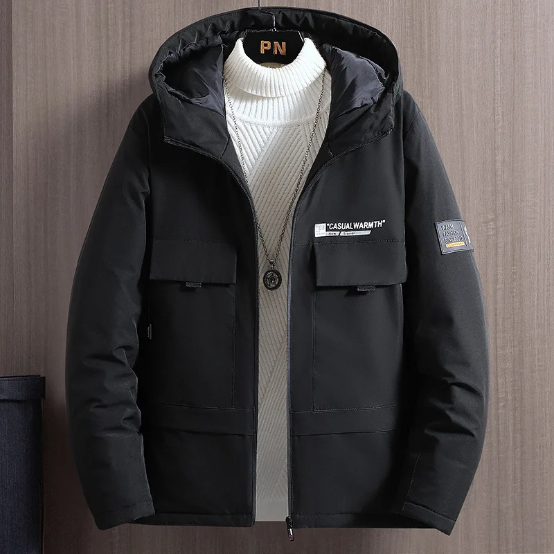 Men's Fashion Letter Print Hooded Winter Coat Couples Large Size Thickened Workwear Warm Padded Jacket Korean Style Coats Men