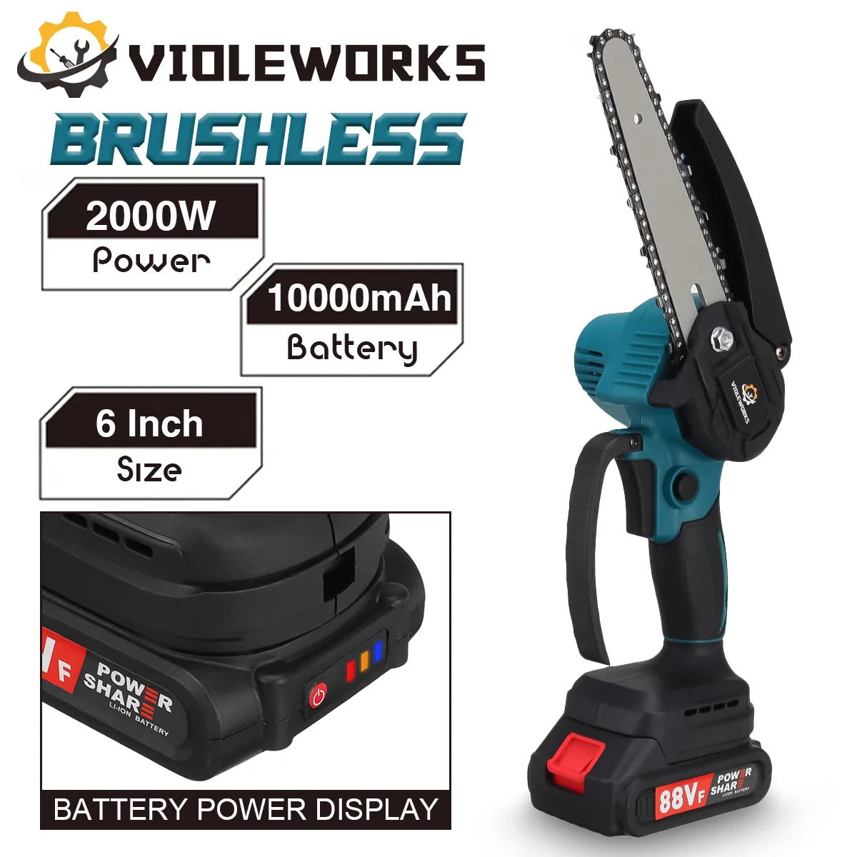 Brushless 6 Inch 88VF Electric Saw Chainsaw Battery Power Display 0/1/2 Battery Rechargeable Garden Wood Cutter For Makita 18V
