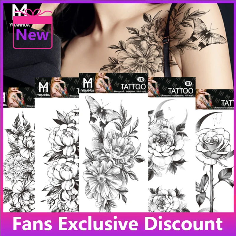 

2022 Hot Sale Waterproof Temporary Flowers Tattoo Stickers Black Sketchs Flash Fake Body Tattoos for Women