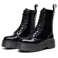 brand winter women boots leather reflective female lace up platforms boot increase height punk boots black casual high top shoes