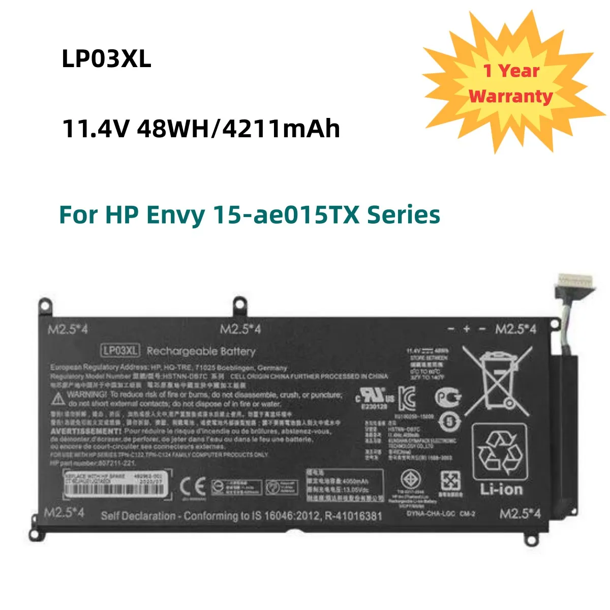 Фото Аккумулятор для ноутбука LP03XL 11.4V 48Wh 4050mAh для HP Envy 15 15-ae020TX TPN-C124 TPN-C122 807417-005 HSTNN-DB7C DB6C LP03XL, новый №1
