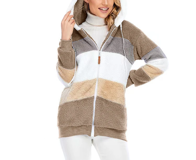 

2022 Autumn and Winter Women's New Loose Plush Multicolor Hooded Jacket Women