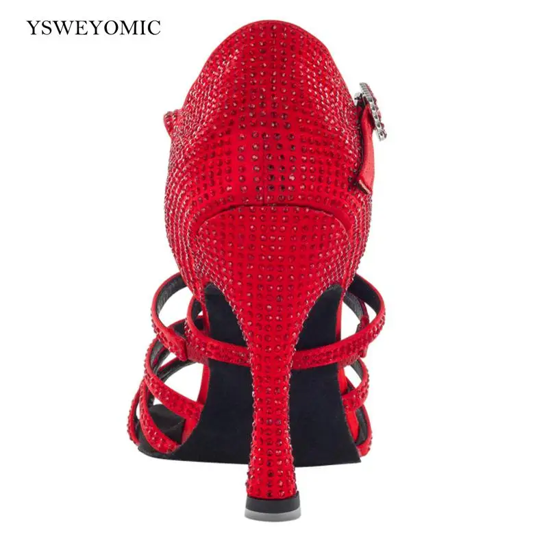 Women Red Rhinestone Latin Dance Shoes Soft Sole Salsa Bachata Dance Shoes For Girls Dance-shoes Wedding Dance Party Sandals